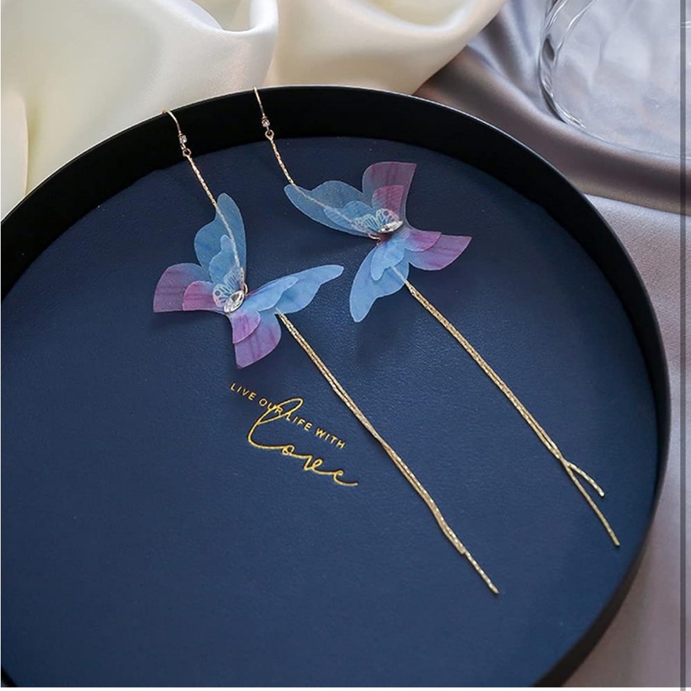 Long Butterfly Chain Tassel Drop Dangle Earrings